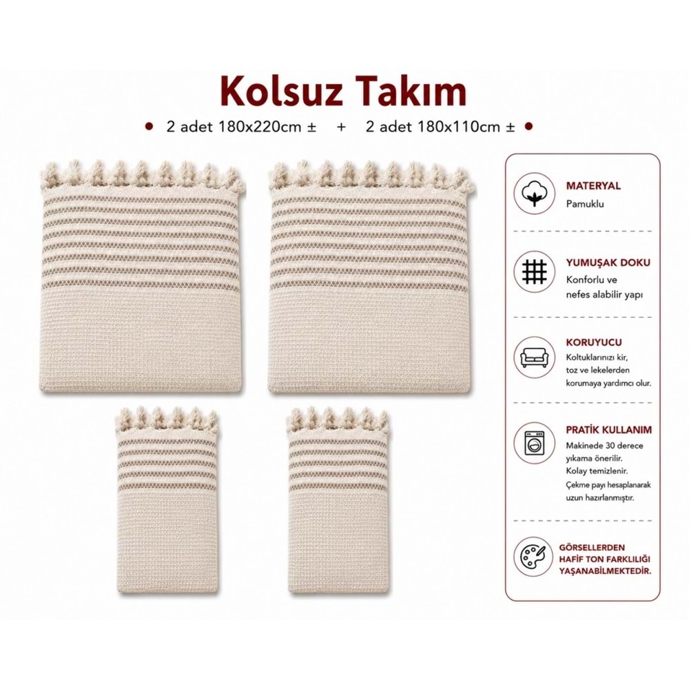 Pamuklu Kaymaz Hasır Dokuma Kolsuz Takım Koltuk Örtüsü (3+3+1+1) - Kreme Kahve