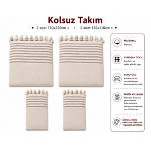 Pamuklu Kaymaz Hasır Dokuma Kolsuz Takım Koltuk Örtüsü (3+3+1+1) - Kreme Kahve