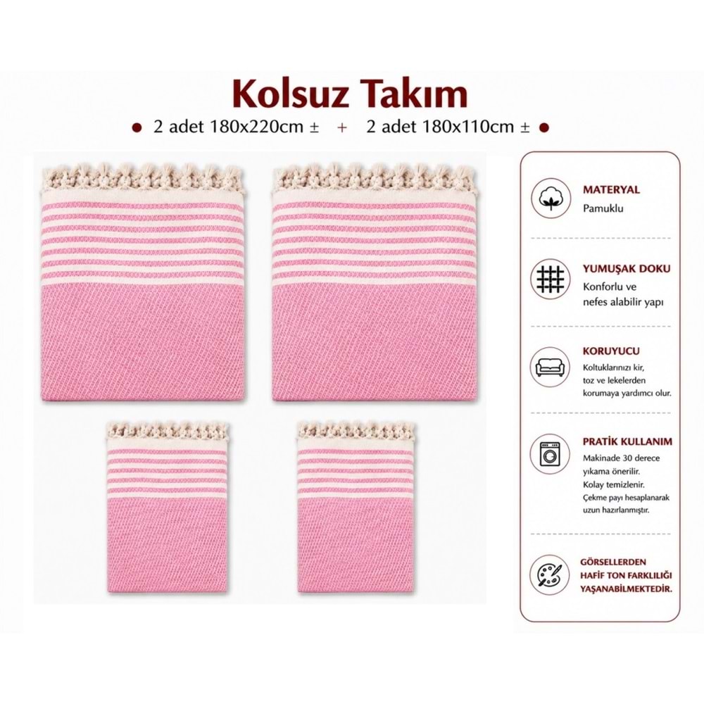 Pamuklu Kaymaz Hasır Dokuma Kolsuz Takım Koltuk Örtüsü (3+3+1+1) - Pembe