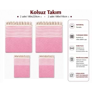 Pamuklu Kaymaz Hasır Dokuma Kolsuz Takım Koltuk Örtüsü (3+3+1+1) - Pembe