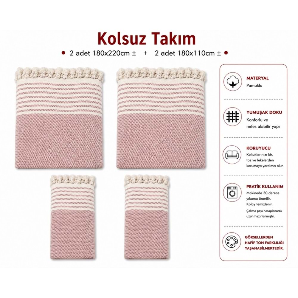 Pamuklu Kaymaz Hasır Dokuma Kolsuz Takım Koltuk Örtüsü (3+3+1+1) - Pudra