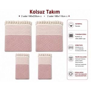 Pamuklu Kaymaz Hasır Dokuma Kolsuz Takım Koltuk Örtüsü (3+3+1+1) - Pudra