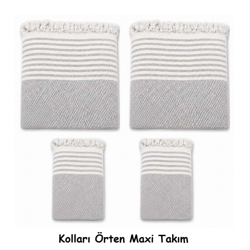 Pamuklu Kaymaz Hasır Dokuma Kolları Örten Maxi Takım Koltuk Örtüsü (3+3+1+1) - Açık Gri