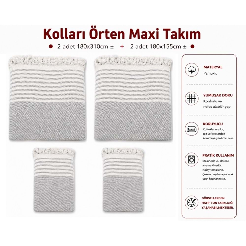 Pamuklu Kaymaz Hasır Dokuma Kolları Örten Maxi Takım Koltuk Örtüsü (3+3+1+1) - Açık Gri
