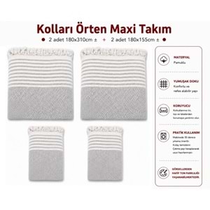Pamuklu Kaymaz Hasır Dokuma Kolları Örten Maxi Takım Koltuk Örtüsü (3+3+1+1) - Açık Gri