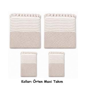Pamuklu Kaymaz Hasır Dokuma Kolları Örten Maxi Takım Koltuk Örtüsü (3+3+1+1) - Bej
