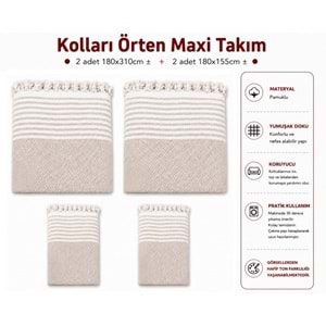 Pamuklu Kaymaz Hasır Dokuma Kolları Örten Maxi Takım Koltuk Örtüsü (3+3+1+1) - Bej