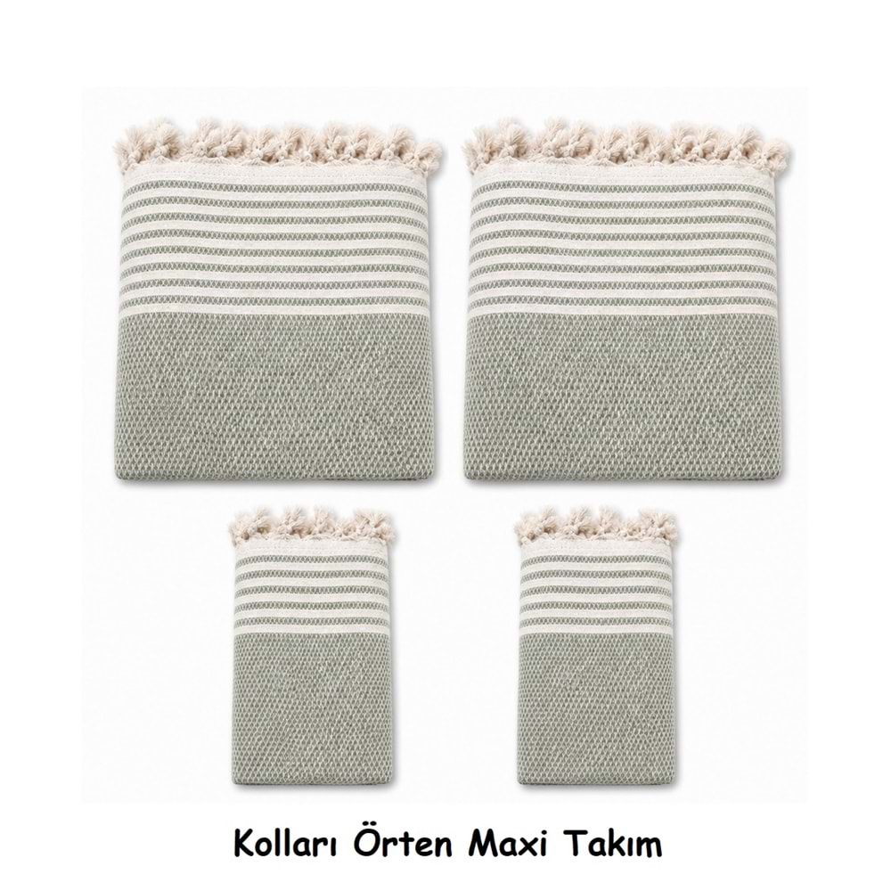 Pamuklu Kaymaz Hasır Dokuma Kolları Örten Maxi Takım Koltuk Örtüsü (3+3+1+1) - Çağla