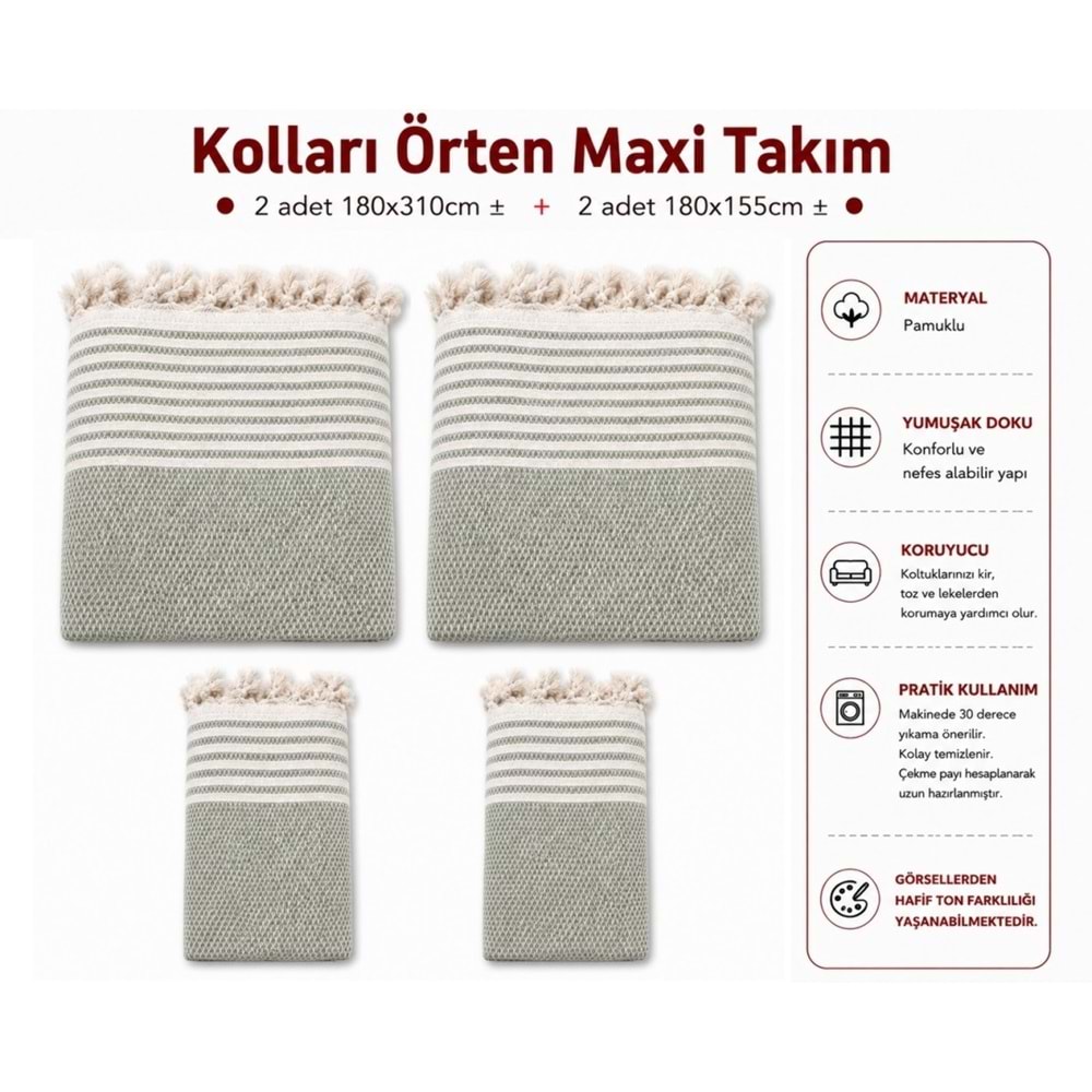 Pamuklu Kaymaz Hasır Dokuma Kolları Örten Maxi Takım Koltuk Örtüsü (3+3+1+1) - Çağla
