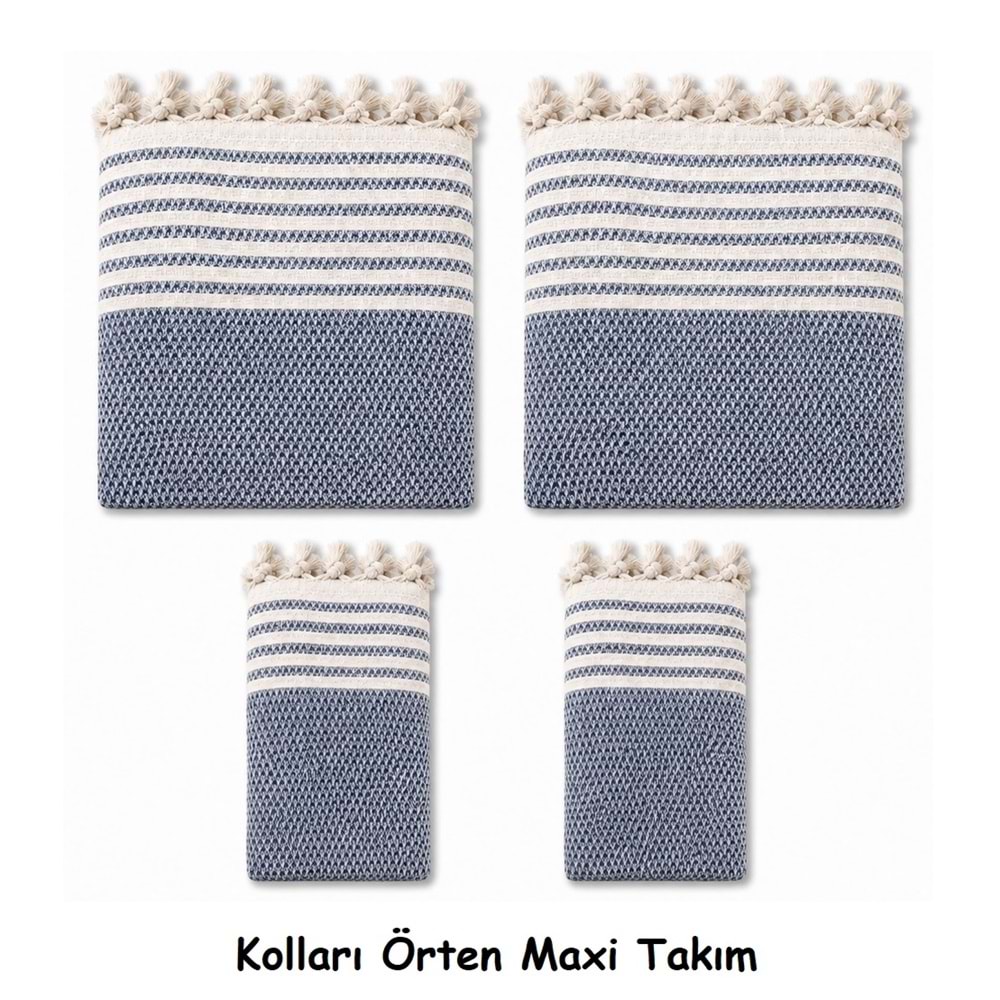 Pamuklu Kaymaz Hasır Dokuma Kolları Örten Maxi Takım Koltuk Örtüsü (3+3+1+1) - İndigo