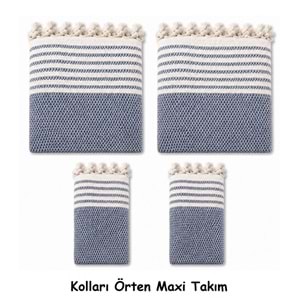Pamuklu Kaymaz Hasır Dokuma Kolları Örten Maxi Takım Koltuk Örtüsü (3+3+1+1) - İndigo