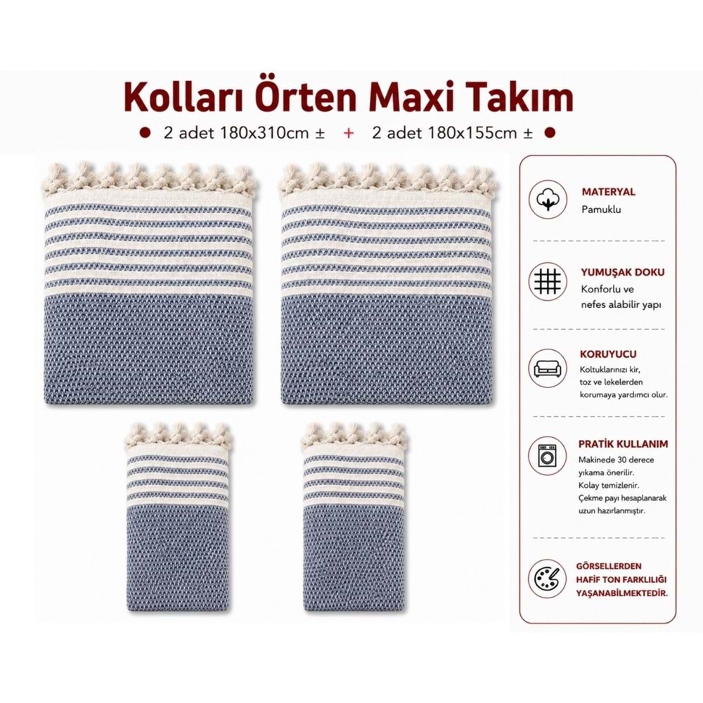 Pamuklu Kaymaz Hasır Dokuma Kolları Örten Maxi Takım Koltuk Örtüsü (3+3+1+1) - İndigo