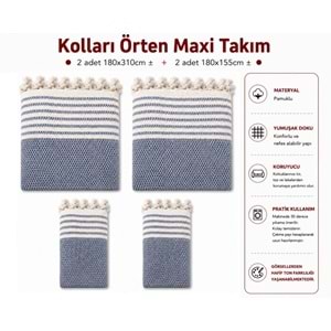 Pamuklu Kaymaz Hasır Dokuma Kolları Örten Maxi Takım Koltuk Örtüsü (3+3+1+1) - İndigo