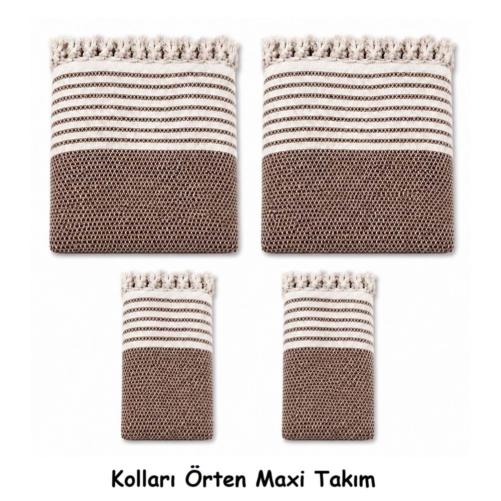 Pamuklu Kaymaz Hasır Dokuma Kolları Örten Maxi Takım Koltuk Örtüsü (3+3+1+1) - Kahverengi