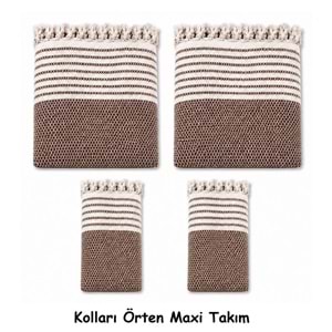 Pamuklu Kaymaz Hasır Dokuma Kolları Örten Maxi Takım Koltuk Örtüsü (3+3+1+1) - Kahverengi