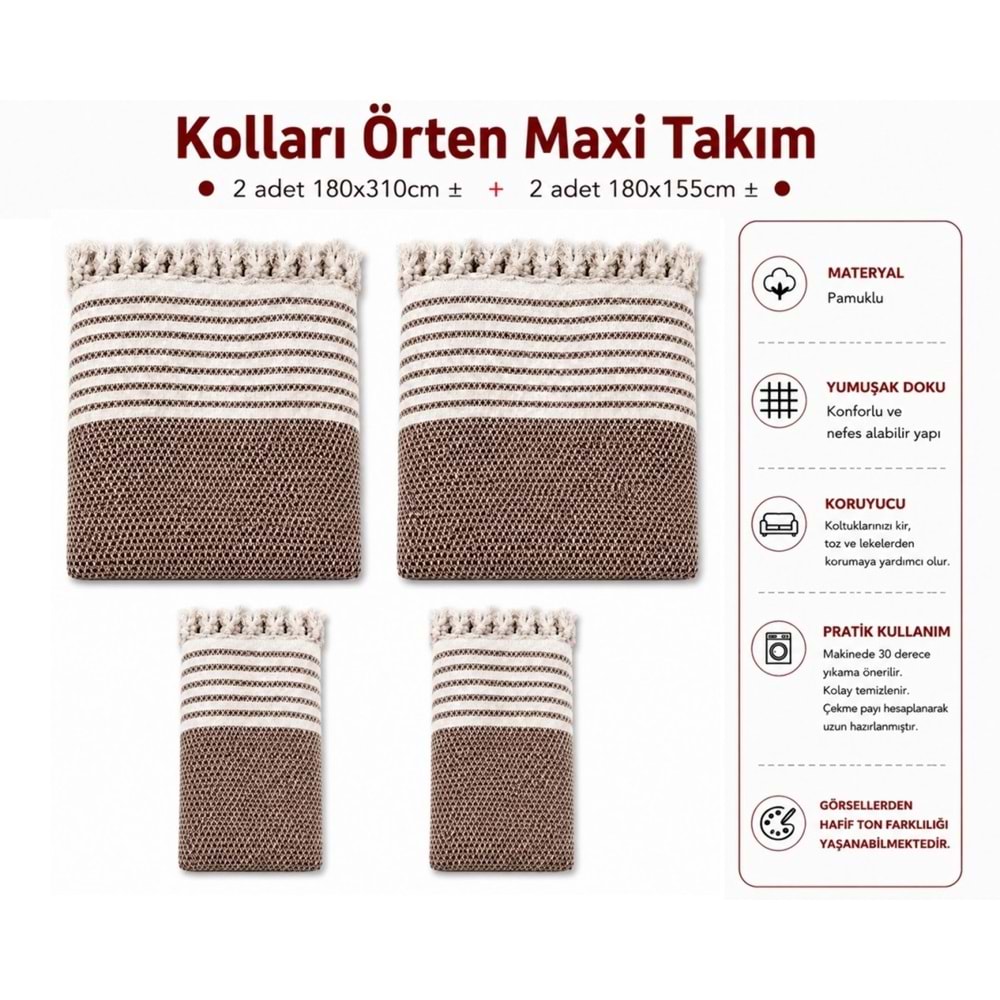 Pamuklu Kaymaz Hasır Dokuma Kolları Örten Maxi Takım Koltuk Örtüsü (3+3+1+1) - Kahverengi