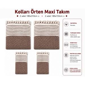 Pamuklu Kaymaz Hasır Dokuma Kolları Örten Maxi Takım Koltuk Örtüsü (3+3+1+1) - Kahverengi