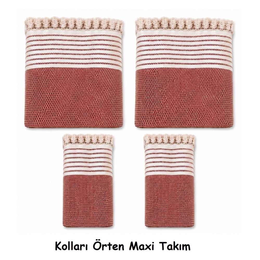 Pamuklu Kaymaz Hasır Dokuma Kolları Örten Maxi Takım Koltuk Örtüsü (3+3+1+1) - Kiremit