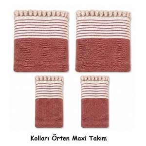 Pamuklu Kaymaz Hasır Dokuma Kolları Örten Maxi Takım Koltuk Örtüsü (3+3+1+1) - Kiremit