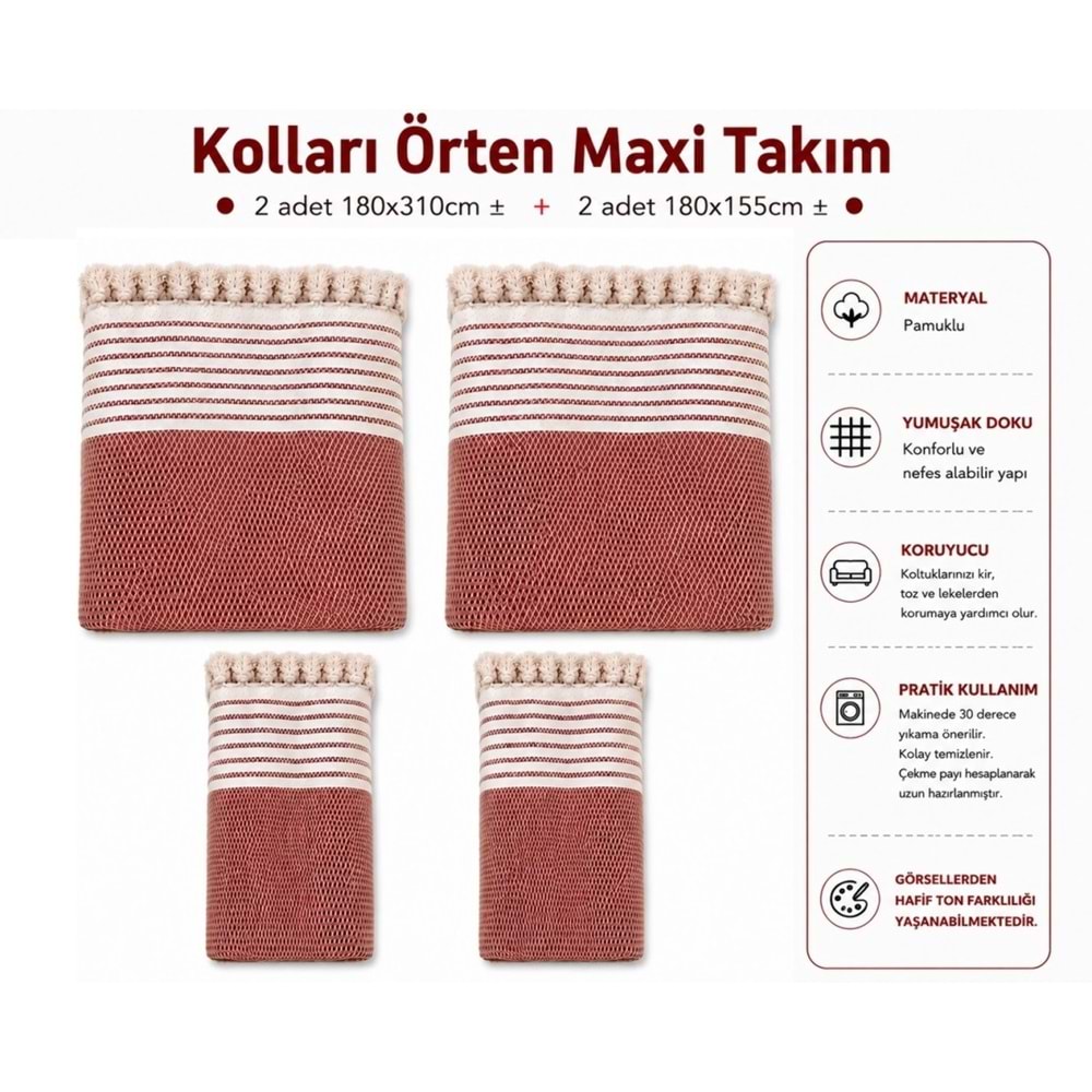 Pamuklu Kaymaz Hasır Dokuma Kolları Örten Maxi Takım Koltuk Örtüsü (3+3+1+1) - Kiremit