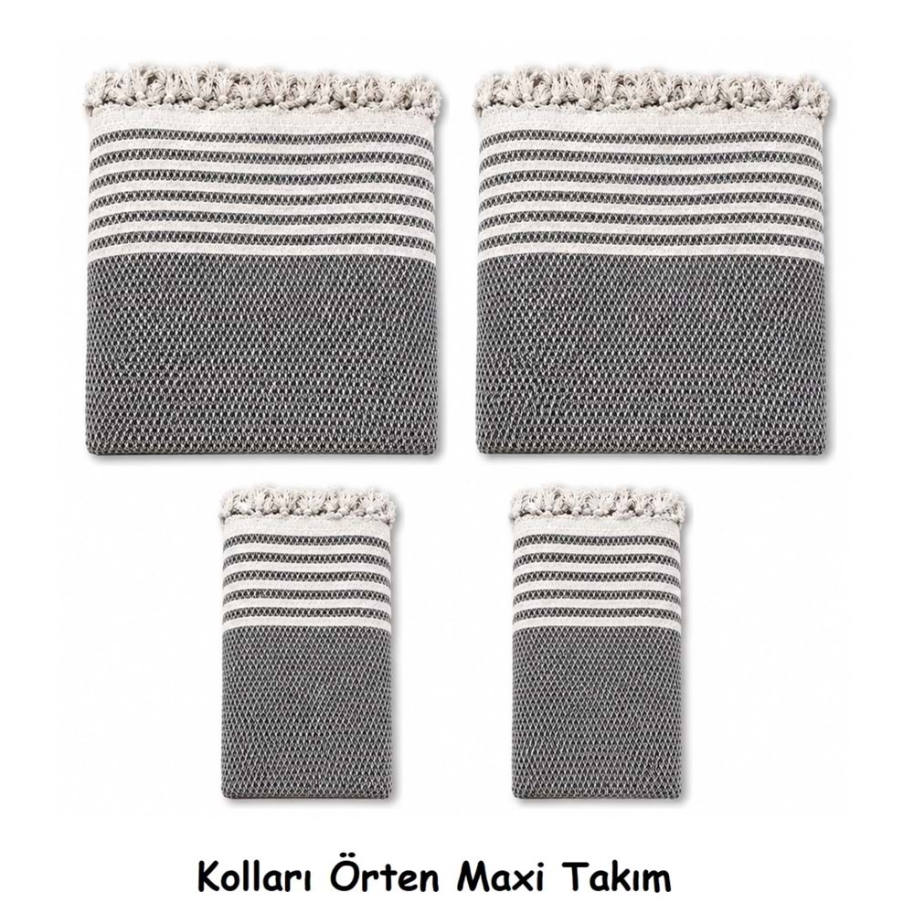 Pamuklu Kaymaz Hasır Dokuma Kolları Örten Maxi Takım Koltuk Örtüsü (3+3+1+1) - Koyu Gri