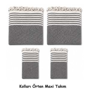 Pamuklu Kaymaz Hasır Dokuma Kolları Örten Maxi Takım Koltuk Örtüsü (3+3+1+1) - Koyu Gri