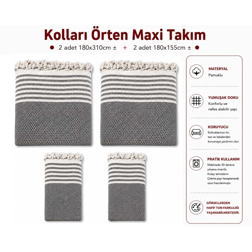 Pamuklu Kaymaz Hasır Dokuma Kolları Örten Maxi Takım Koltuk Örtüsü (3+3+1+1) - Koyu Gri