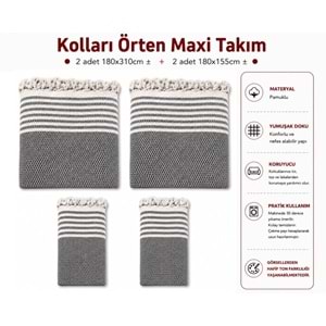 Pamuklu Kaymaz Hasır Dokuma Kolları Örten Maxi Takım Koltuk Örtüsü (3+3+1+1) - Koyu Gri
