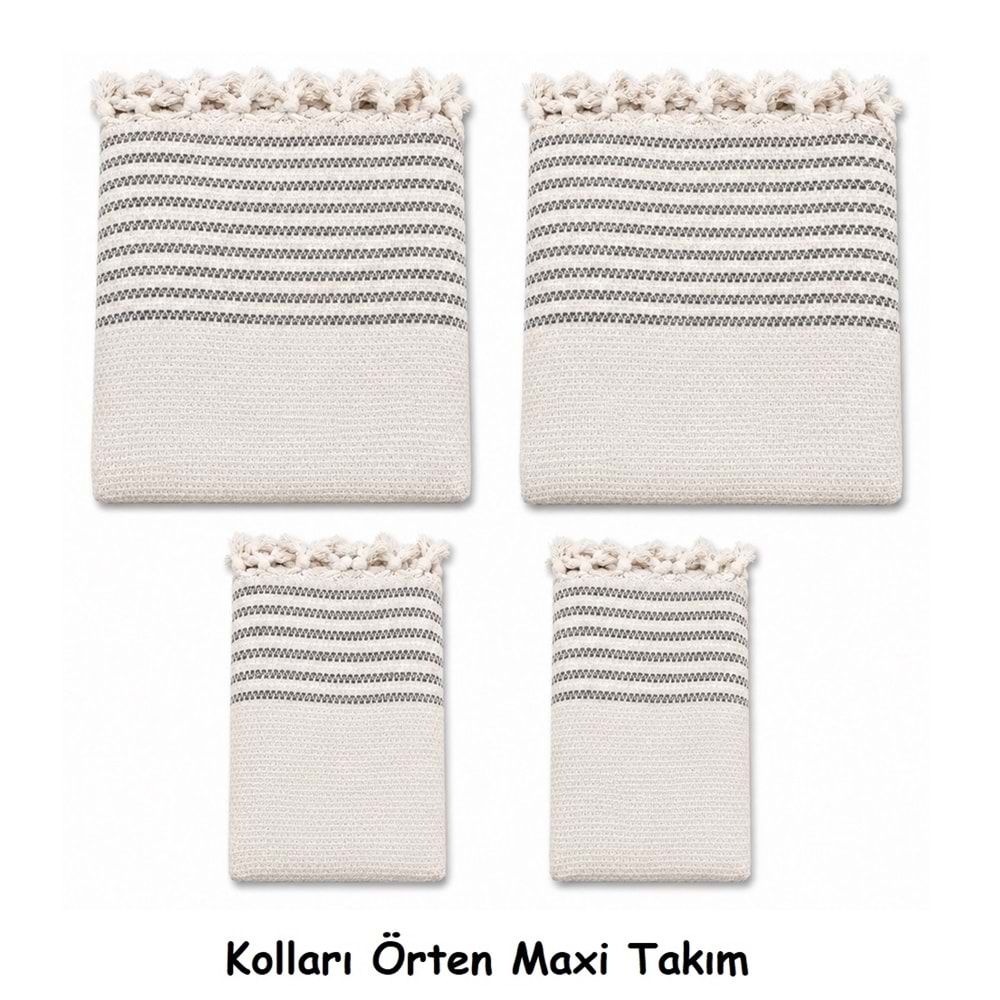 Pamuklu Kaymaz Hasır Dokuma Kolları Örten Maxi Takım Koltuk Örtüsü (3+3+1+1) - Kreme Gri
