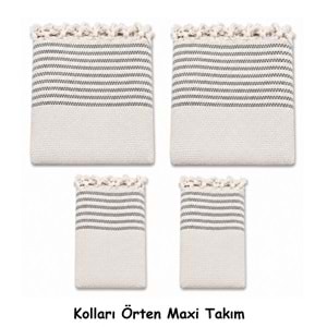 Pamuklu Kaymaz Hasır Dokuma Kolları Örten Maxi Takım Koltuk Örtüsü (3+3+1+1) - Kreme Gri