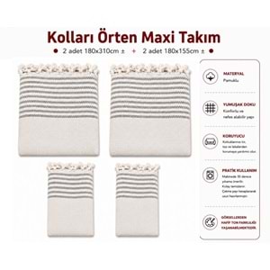 Pamuklu Kaymaz Hasır Dokuma Kolları Örten Maxi Takım Koltuk Örtüsü (3+3+1+1) - Kreme Gri