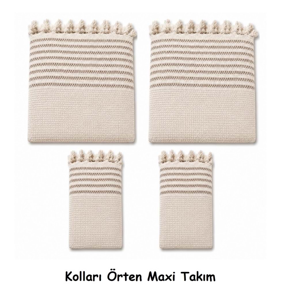 Pamuklu Kaymaz Hasır Dokuma Kolları Örten Maxi Takım Koltuk Örtüsü (3+3+1+1) - Kreme Kahve