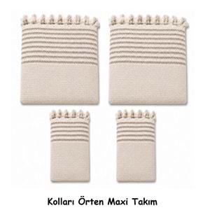 Pamuklu Kaymaz Hasır Dokuma Kolları Örten Maxi Takım Koltuk Örtüsü (3+3+1+1) - Kreme Kahve