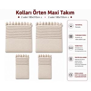 Pamuklu Kaymaz Hasır Dokuma Kolları Örten Maxi Takım Koltuk Örtüsü (3+3+1+1) - Kreme Kahve
