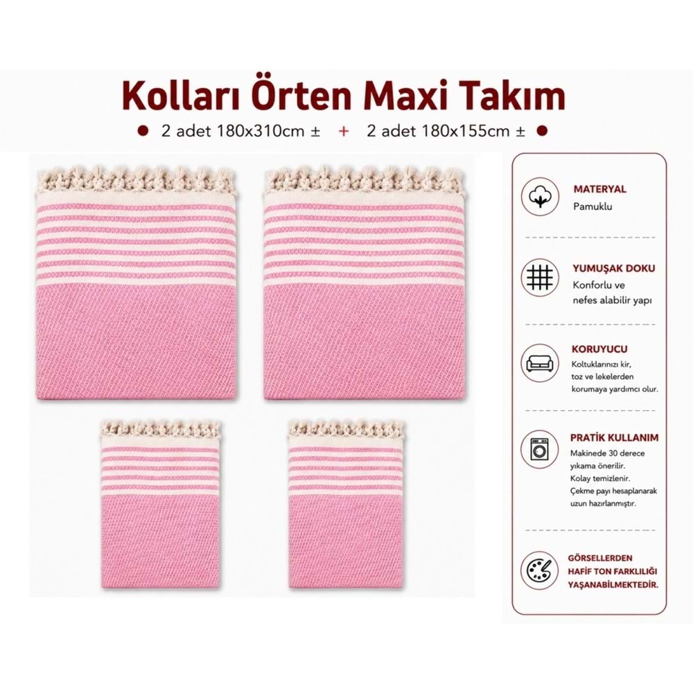 Pamuklu Kaymaz Hasır Dokuma Kolları Örten Maxi Takım Koltuk Örtüsü (3+3+1+1) - Pembe