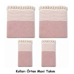Pamuklu Kaymaz Hasır Dokuma Kolları Örten Maxi Takım Koltuk Örtüsü (3+3+1+1) - Pudra
