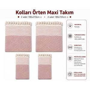 Pamuklu Kaymaz Hasır Dokuma Kolları Örten Maxi Takım Koltuk Örtüsü (3+3+1+1) - Pudra
