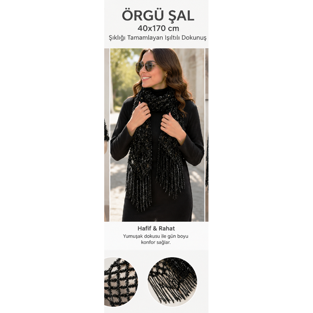 Mandaş el örgü omuz şalı 40*170 Siyah