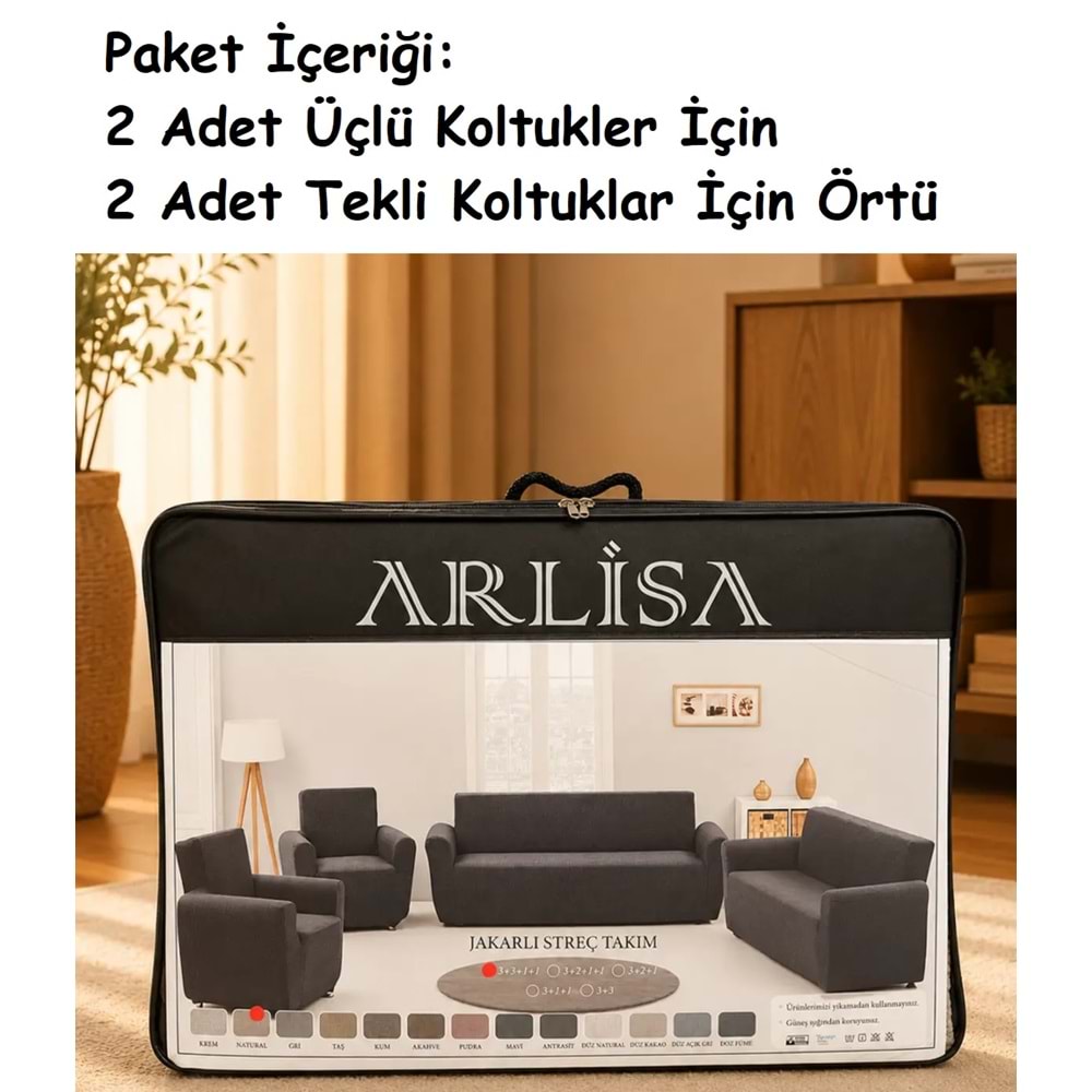 Arlisa Jakarlı Ağaç Kabuğu Streç Maxi Takım Koltuk Örtüsü (3+3+1+1)-Naturel