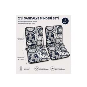 2 Adet Rattan Arkalıklı Sandalye Minderi (Kalınlık 4cm)-Saat Desen Lacivert