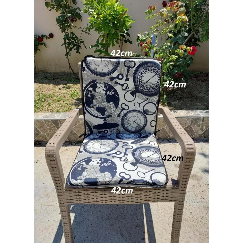 2 Adet Rattan Arkalıklı Sandalye Minderi (Kalınlık 4cm)-Saat Desen Lacivert
