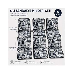 6 Adet Rattan Arkalıklı Sandalye Minderi (Kalınlık 4cm)-Saat Desen Lacivert