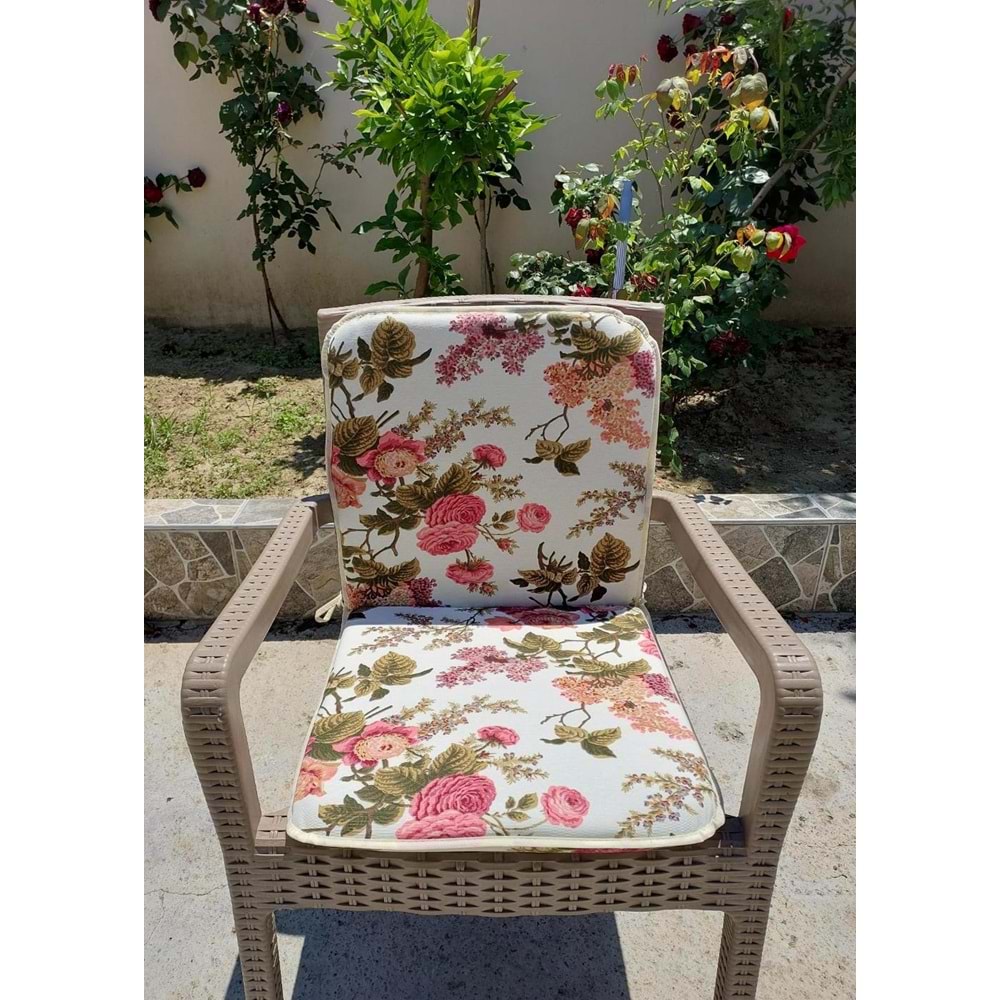 2 Adet Rattan Arkalıklı Sandalye Minderi (Kalınlık 4cm)-İngiliz Gülü (Pamuklu Kumaş)