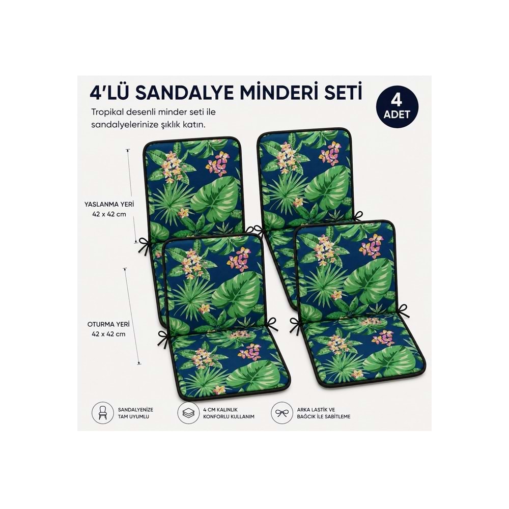 4 Adet Rattan Arkalıklı Sandalye Minderi (Kalınlık 4cm)-Tropikal Yeşil