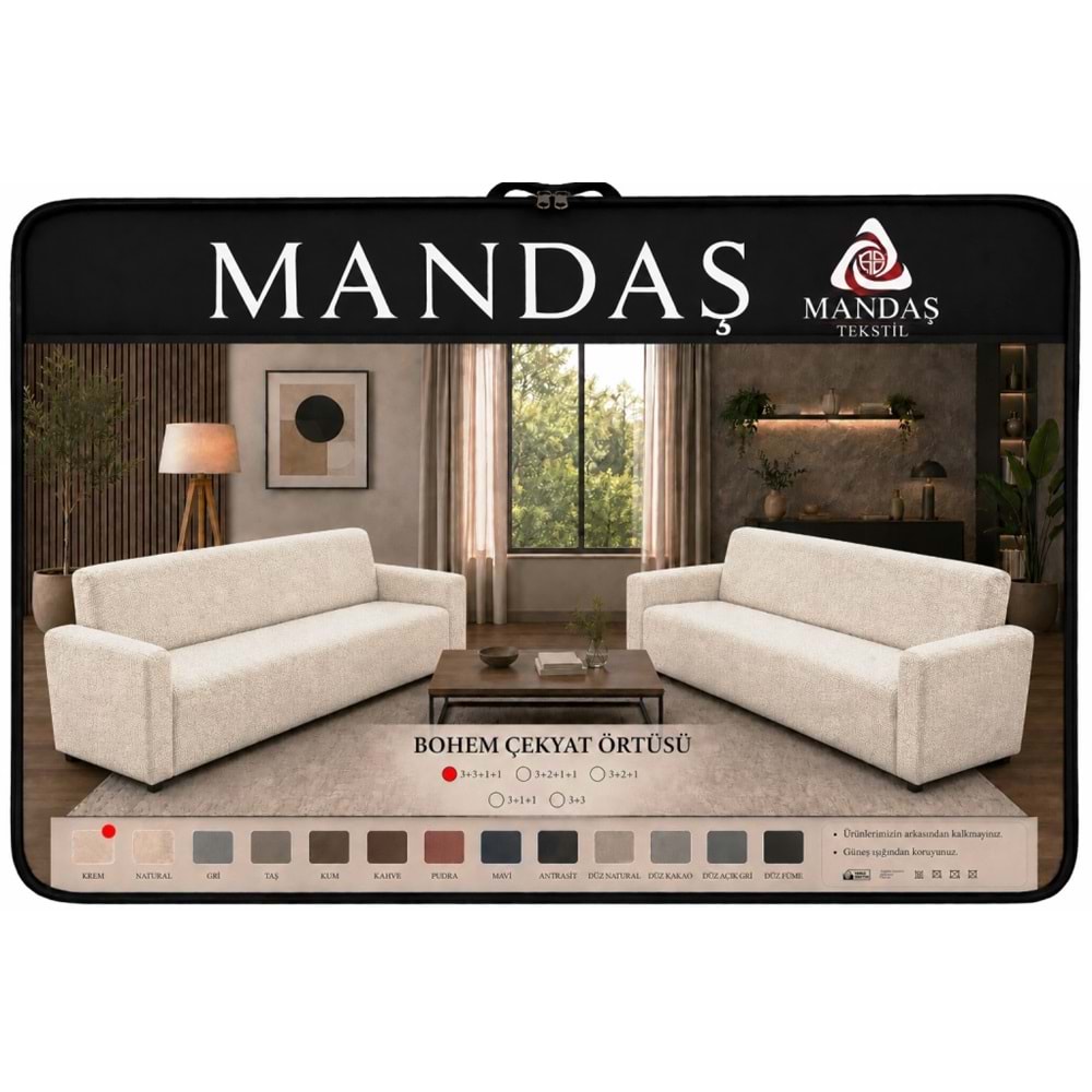 Mandaş Bohem Streç Maxi Çekyat Örtüsü Geniş Kullanım Alanlı Krem 3+3