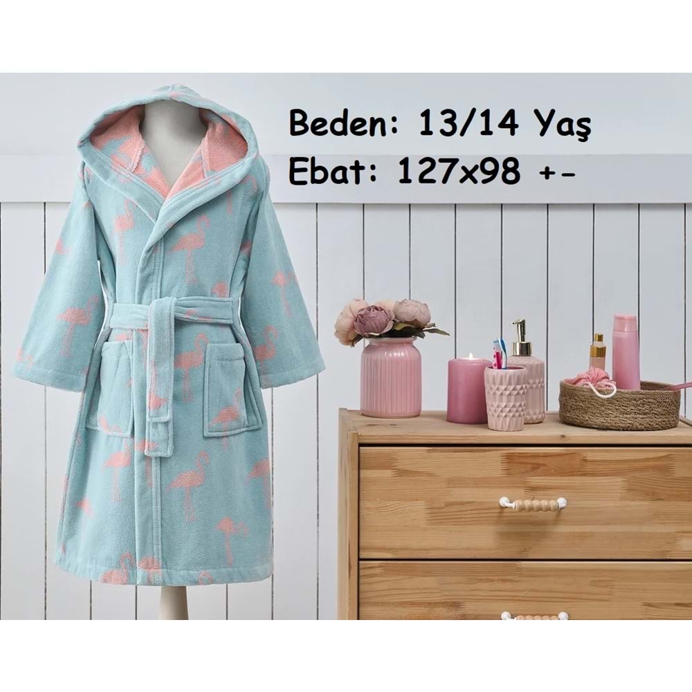 Özdilek 13/14 Yaş -Flamingo Mint- Kız Çocuk Kapüşonlu Kadife Pamuk Bornoz