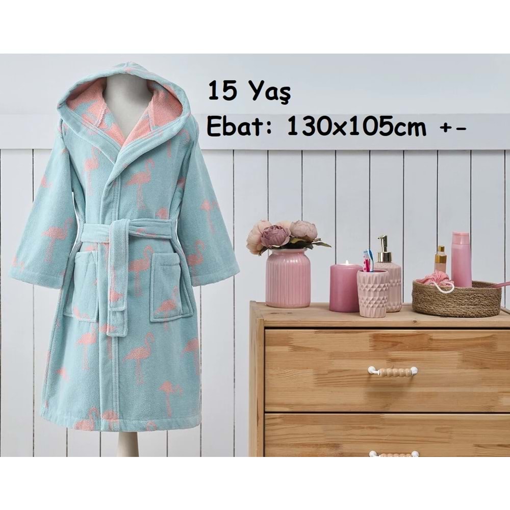 Özdilek 15 Yaş -Flamingo Mint- Kız Çocuk Kapüşonlu Kadife Pamuk Bornoz
