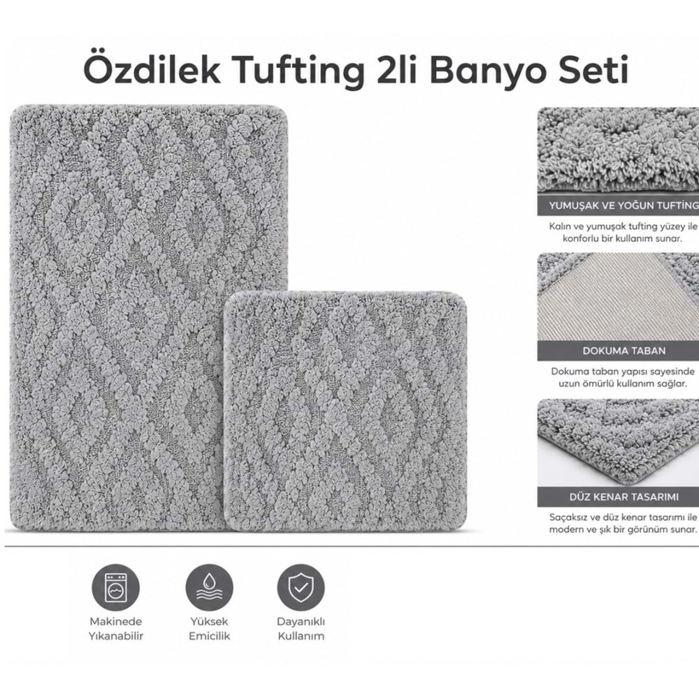 Özdilek Tufting 2li Banyo Seti, Pamuklu Paspas Takımı-Smart Gri