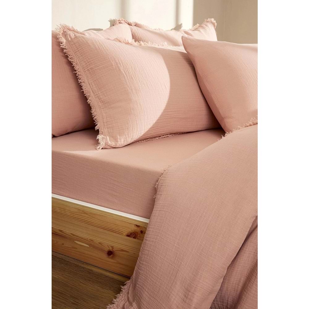 Özdilek Müslin -Sofia Pudra- Lastikli Çarşaflı Battal Çift Kişilik (King Size) Nevresim Takımı