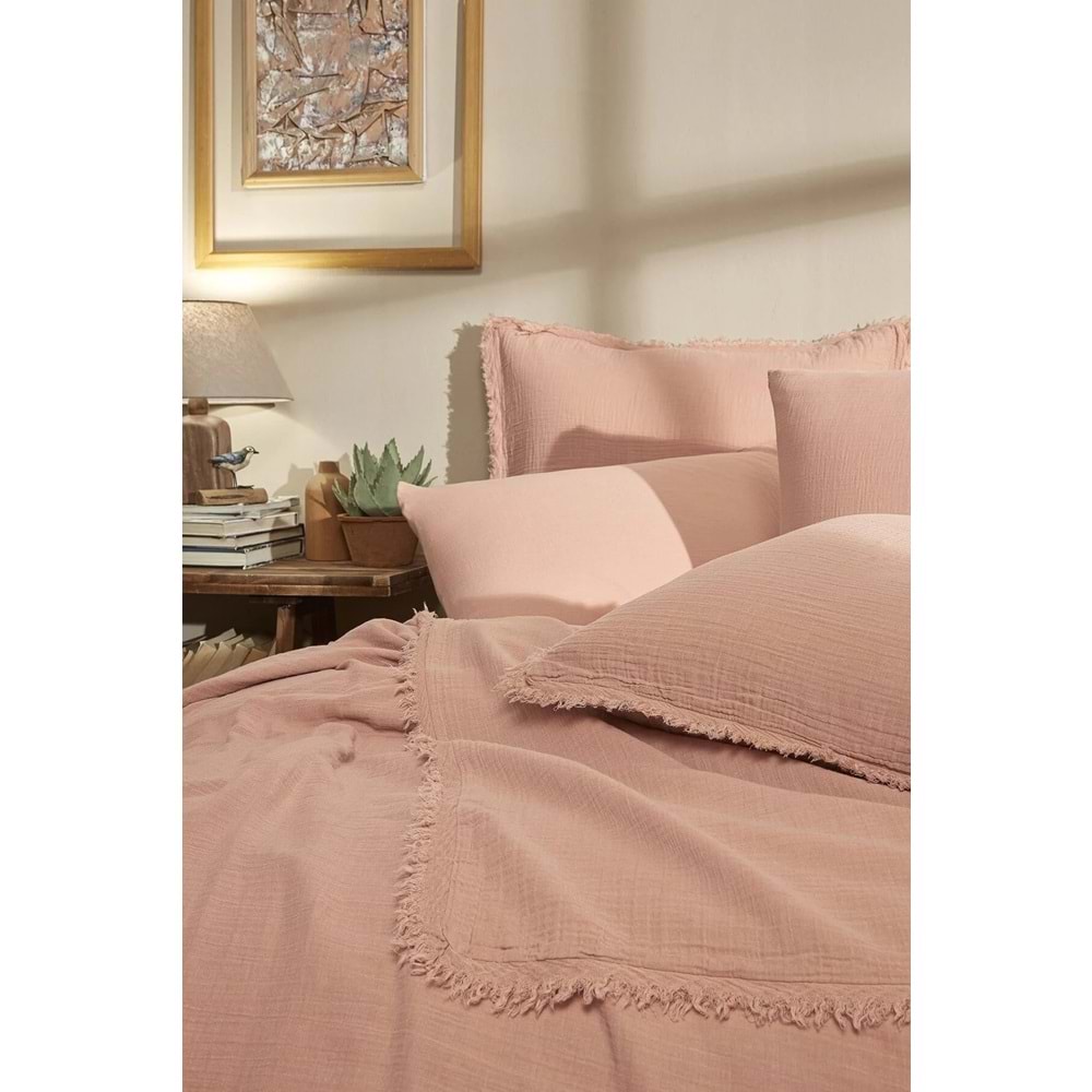 Özdilek Müslin -Sofia Pudra- Lastikli Çarşaflı Battal Çift Kişilik (King Size) Nevresim Takımı